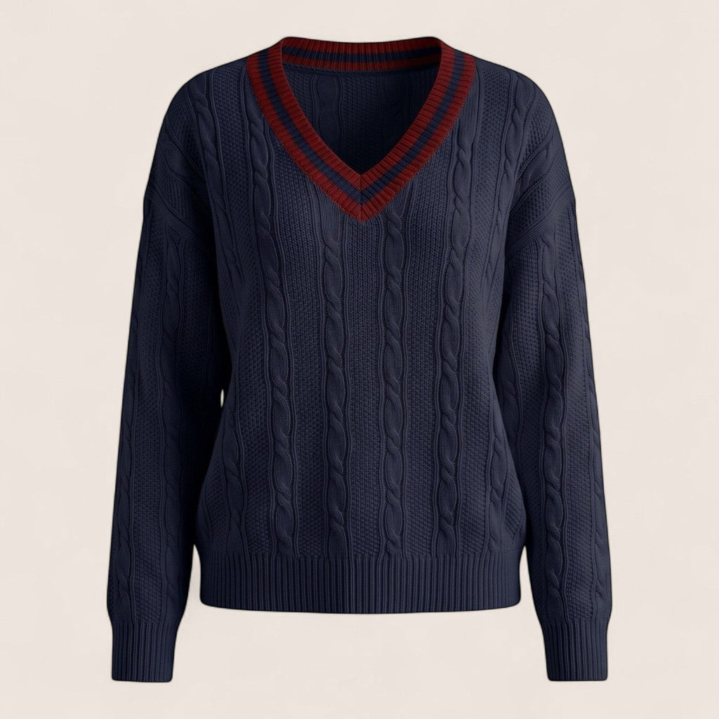 Norielle navy blue acrylic v-neck pullover sweater with cable knit and maroon trim