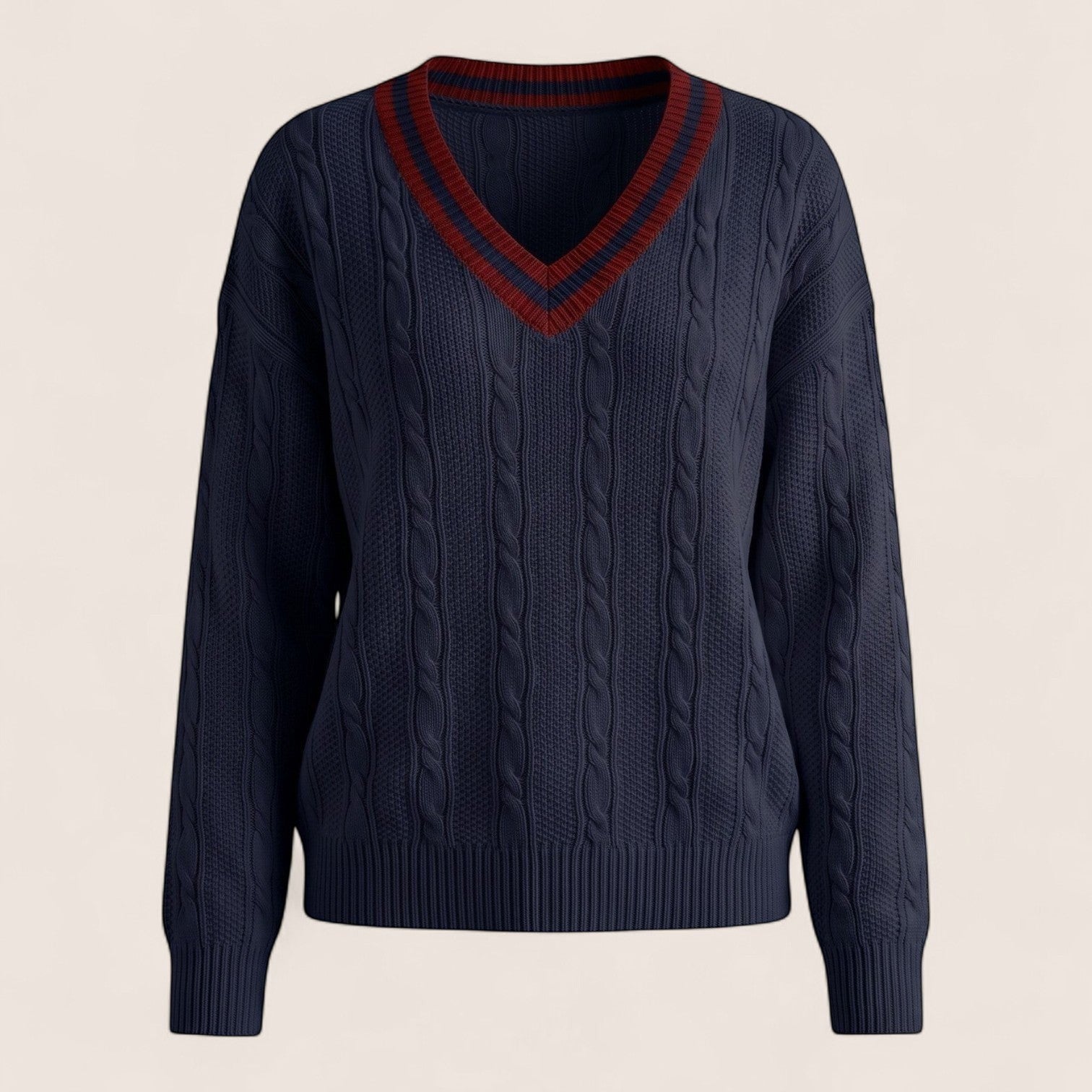 Norielle navy blue acrylic v-neck pullover sweater with cable knit and maroon trim