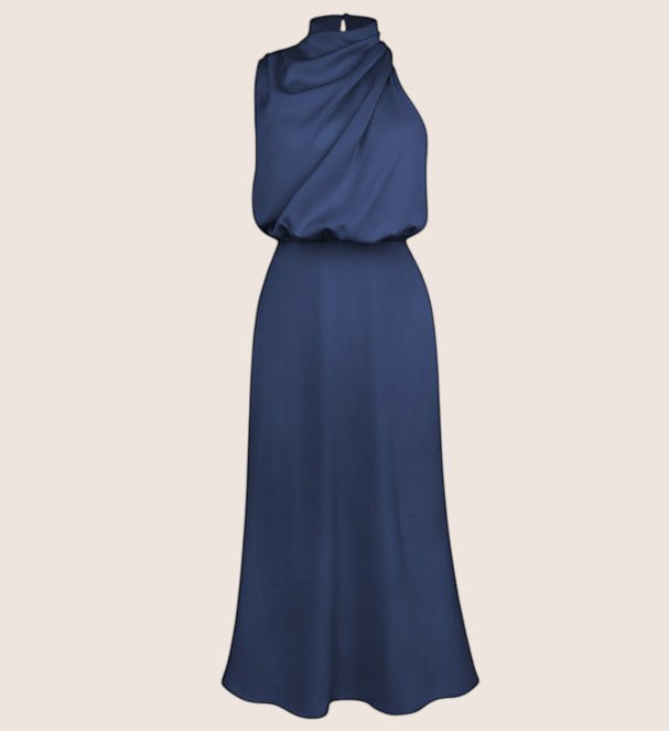 Norielle navy blue sleeveless elegant evening party maxi dress with draped neckline and cinched waist.