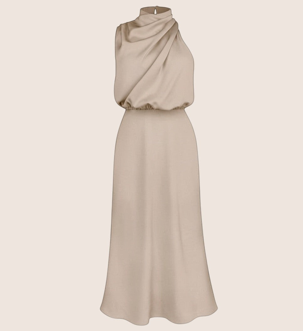 Norielle navy blue satin sleeveless mock neck draped midi dress with elasticated waist.