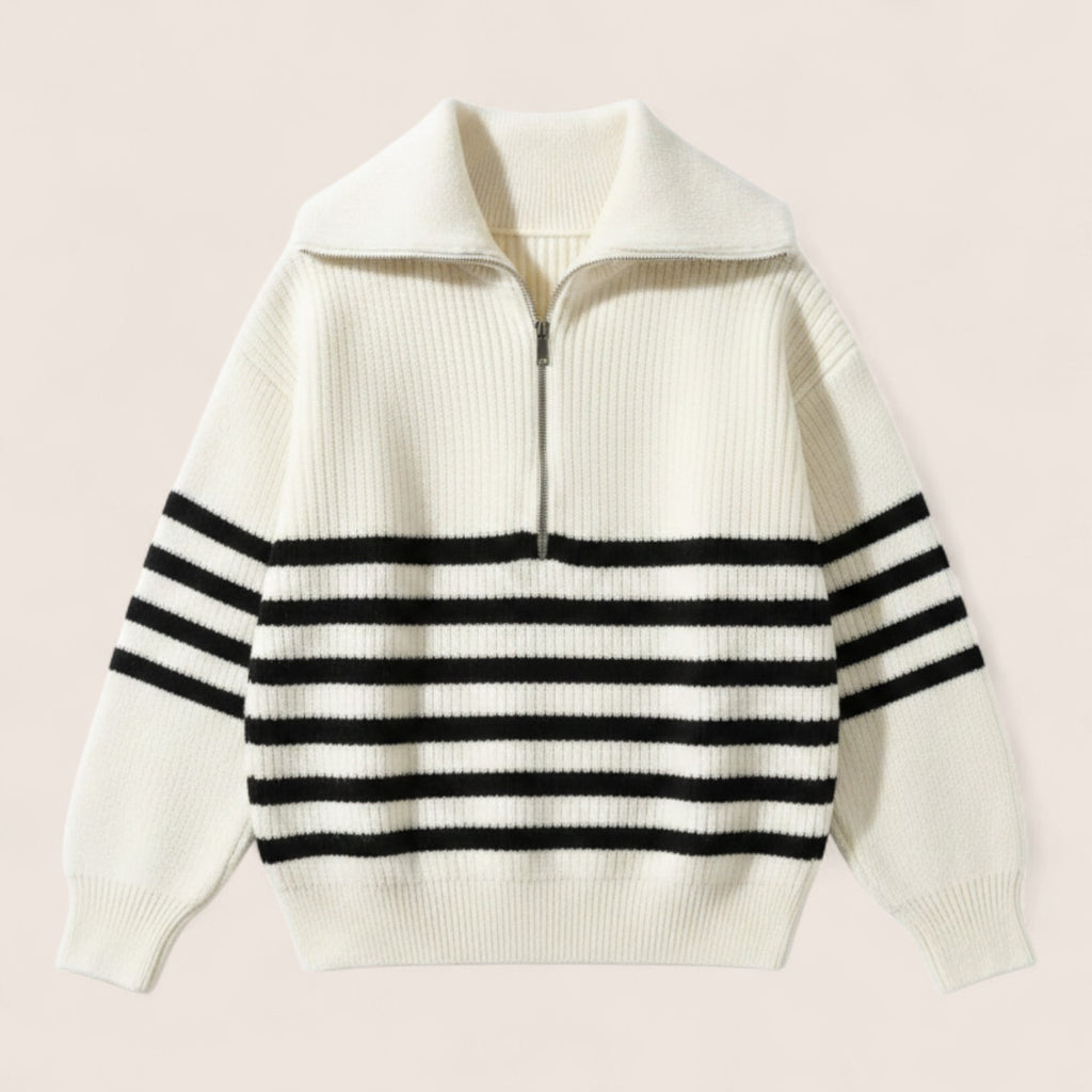 Norielle women's cream and black striped knit pullover with half-zip collar and ribbed details.