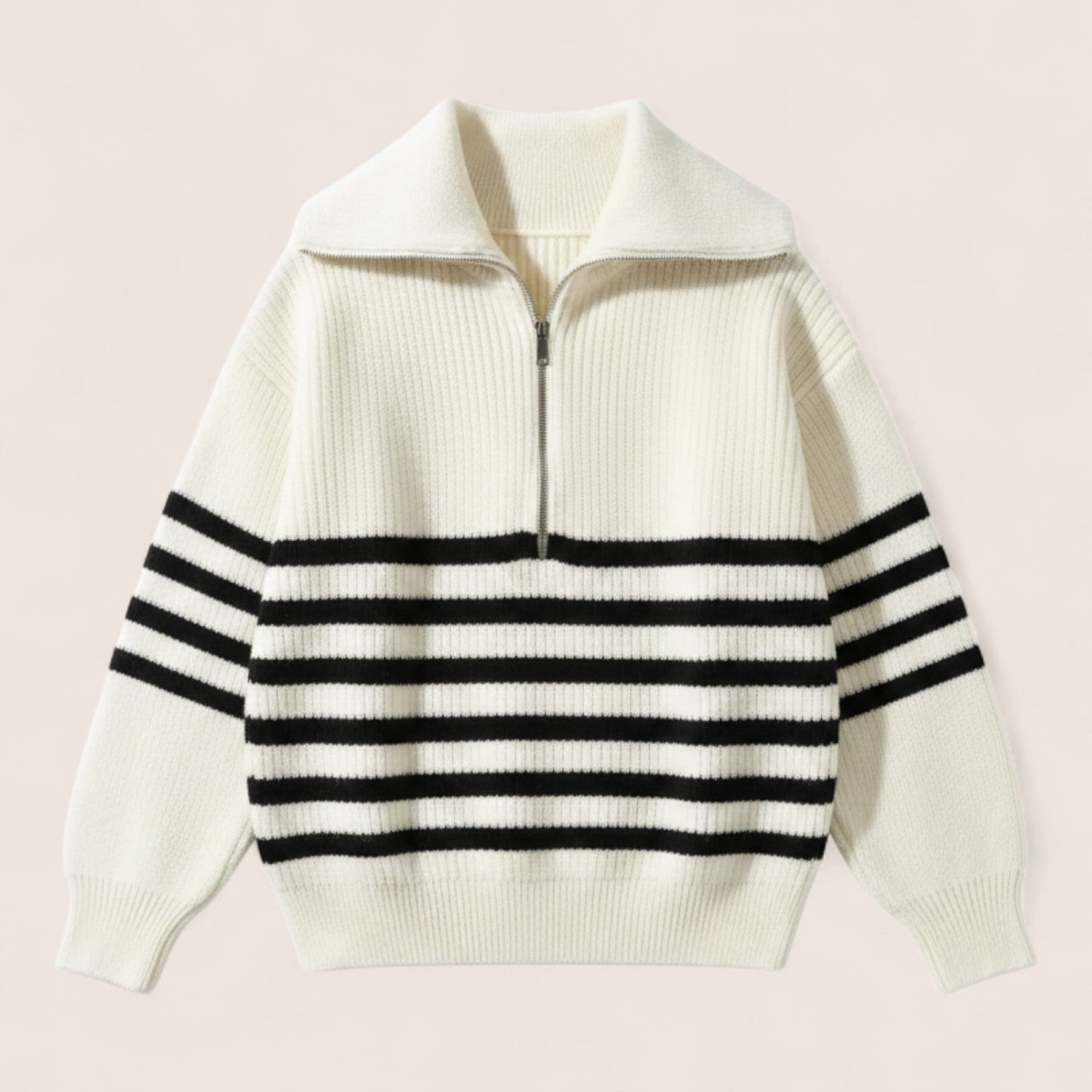 Norielle women's cream and black striped knit pullover with half-zip collar and ribbed details.