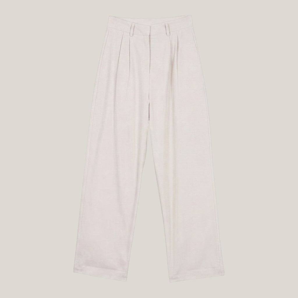 Norielle women's high-waisted straight leg pants in off-white, featuring a relaxed fit and tailored pleats.