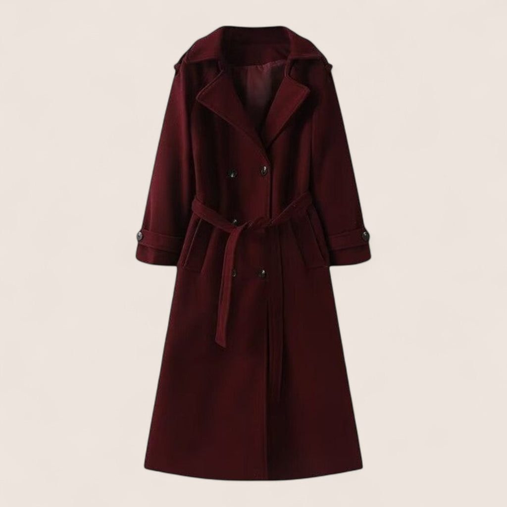 Norielle women's elegant double-breasted long coat in deep burgundy wool blend with a tie waist.