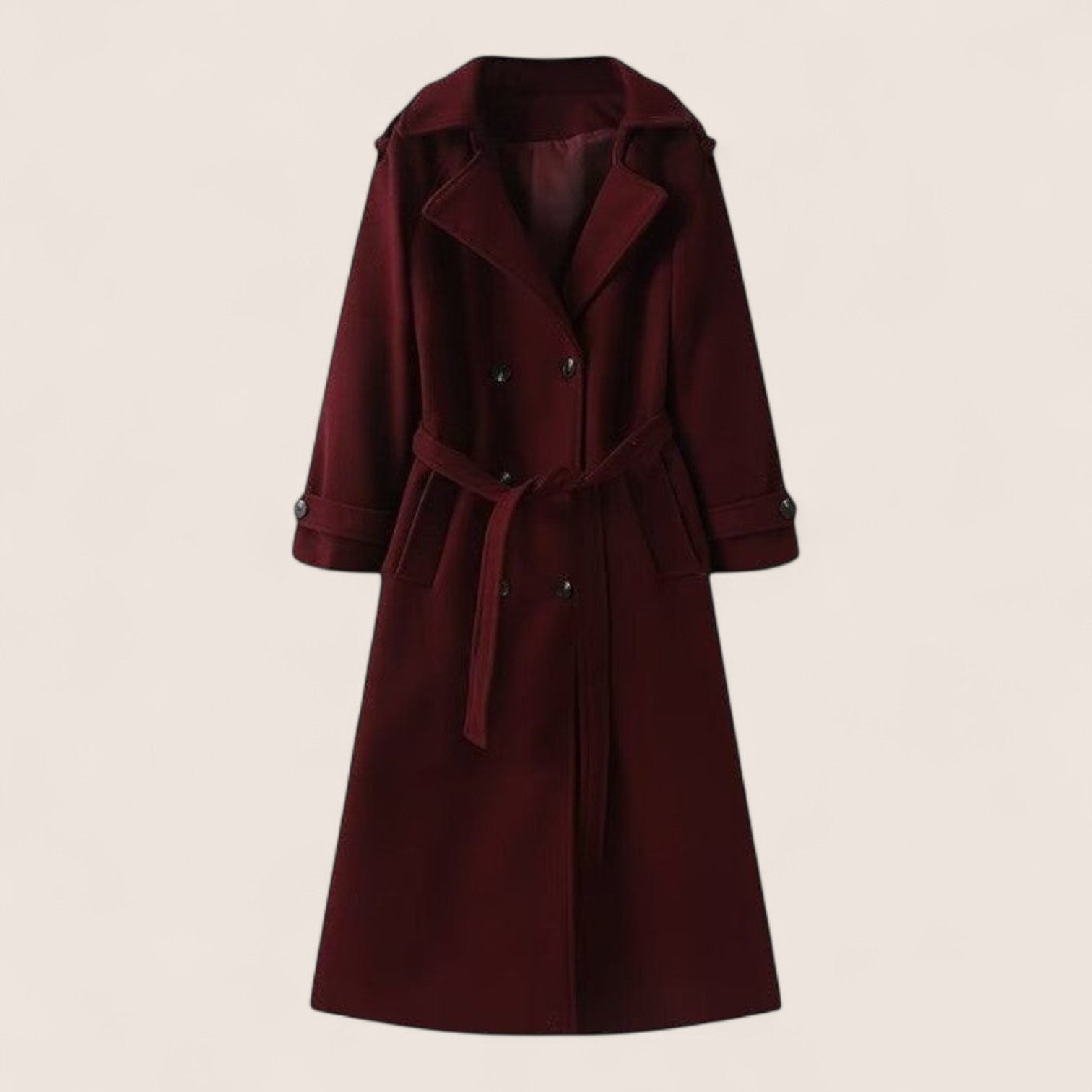 Norielle women's elegant double-breasted long coat in deep burgundy wool blend with a tie waist.