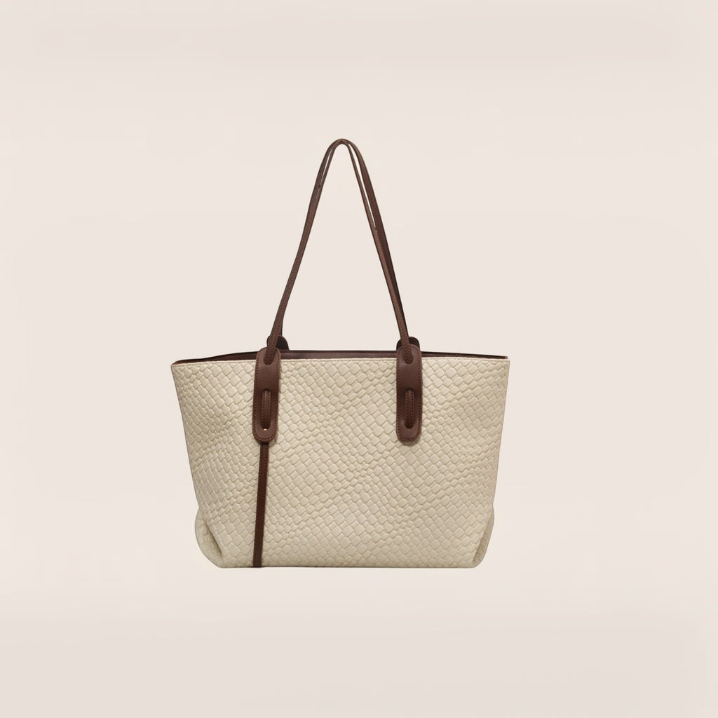 Norielle creamy-white woven PU leather tote bag with brown straps, retro textured design, and single shoulder strap.