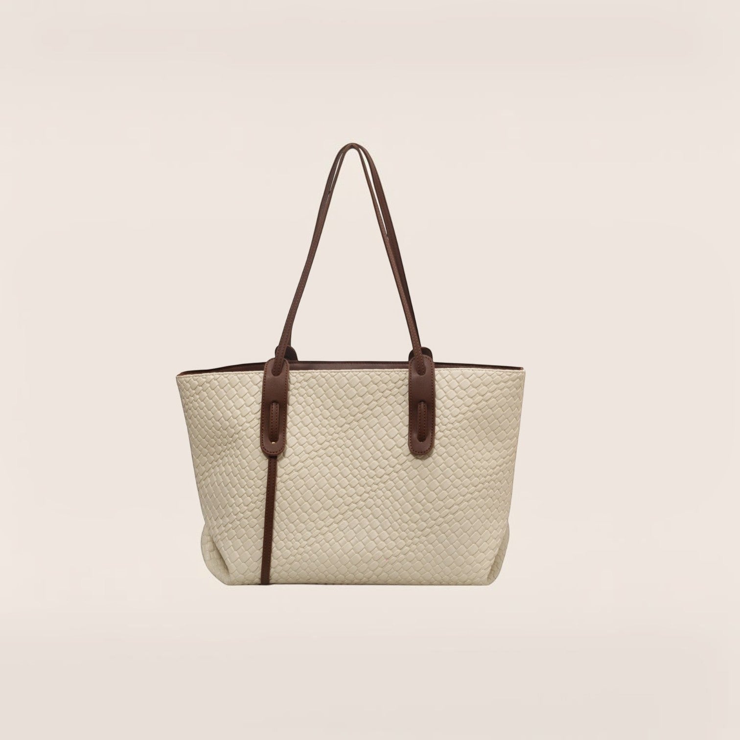 Norielle creamy-white woven PU leather tote bag with brown straps, retro textured design, and single shoulder strap.