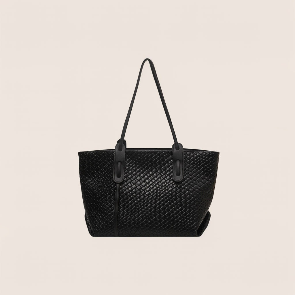 Norielle black woven PU leather tote bag with single strap and retro textured solid color design.