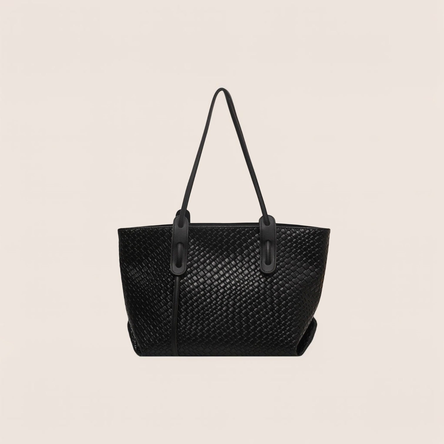 Norielle black woven PU leather tote bag with single strap and retro textured solid color design.